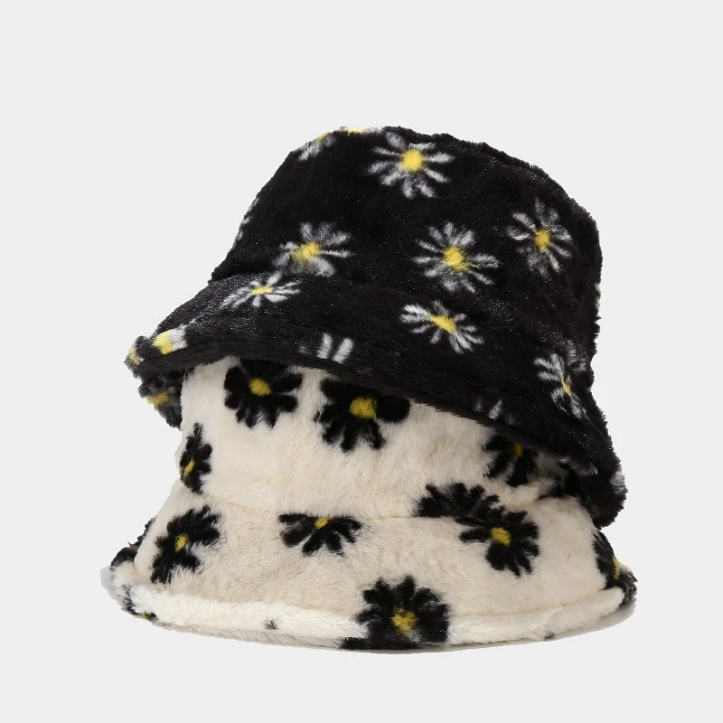 

Faux Fur Winter Bucket Hat For Women Fashion Daisy Flowers Soft Warm Fishing Cap Outdoor Foldable Hat Panama Fisherman Hat