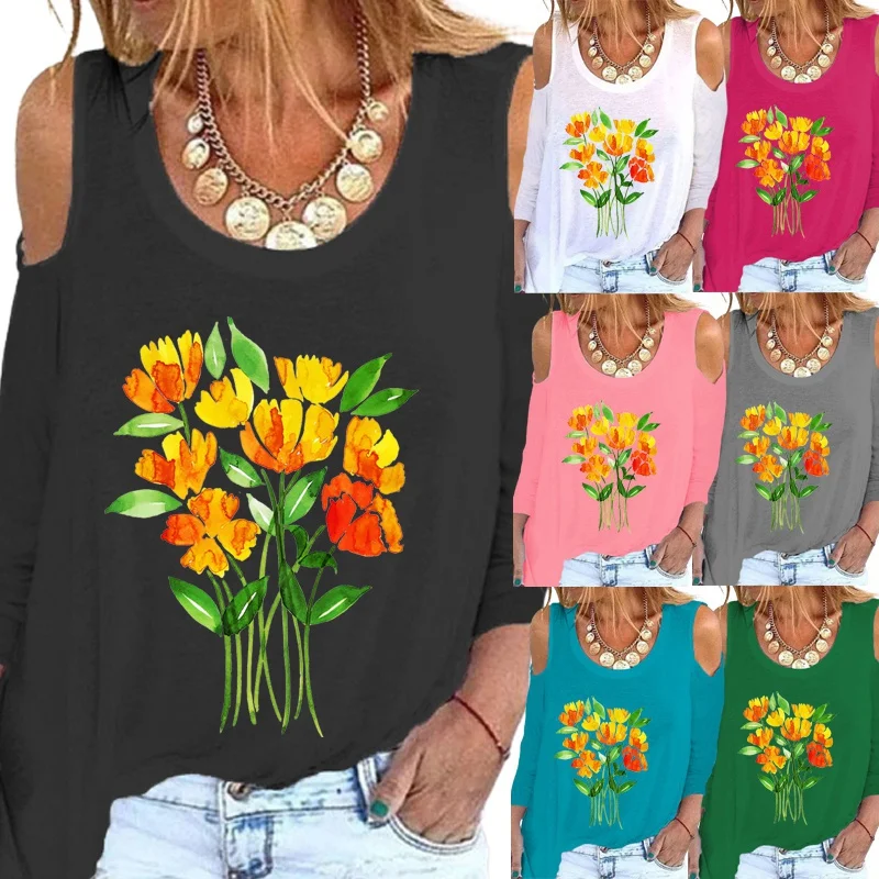 

Women Fashion Spring Autumn Long Sleeved Loose Casual Round Neck Flowers Printed Tops & Blouses Plus Size