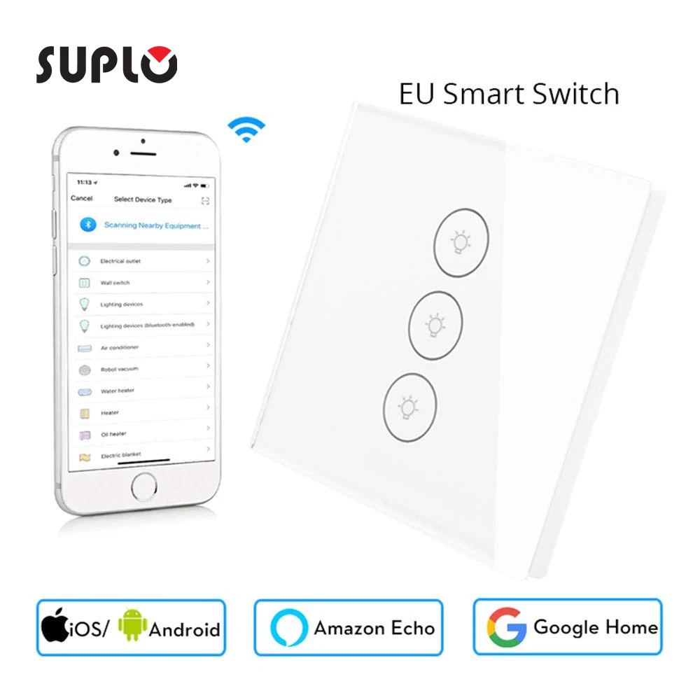 SUPLO Wifi Smart Wall Touch Switch Glass Panel EU Standard 3 GANG APP Remote Control Works with Amazon Alexa Google Home от AliExpress WW