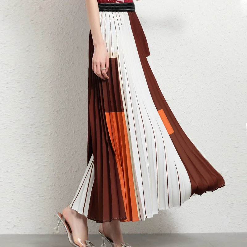 

Женская плиссированная юбка с высокой талией, модель сезона весна-лето 2022 года, яркая эластичная юбка контрастных цветов в полоску