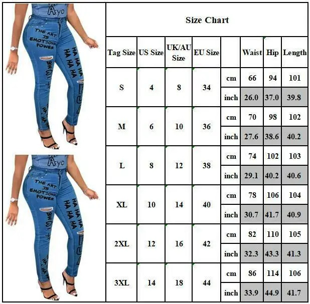 

Women Stretchy Jeans Ladies Denim Trousers Print Ripped Jegging Slim Long Pants