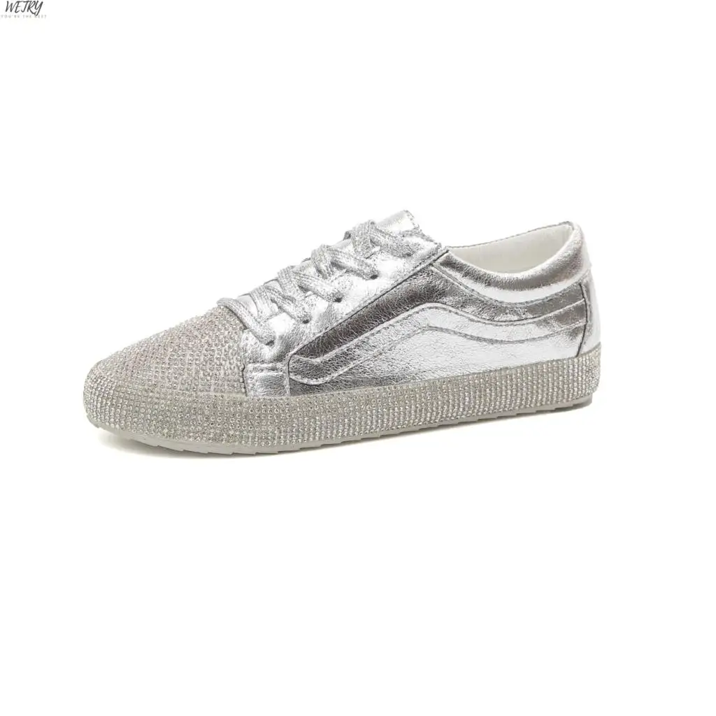 wetry Loafers Women Platform Flats Faux Rhinestone Sneakers Lace-up Silver Solid Creepers Mujer Casual Flat Shoes - Цвет: style 2 Silver