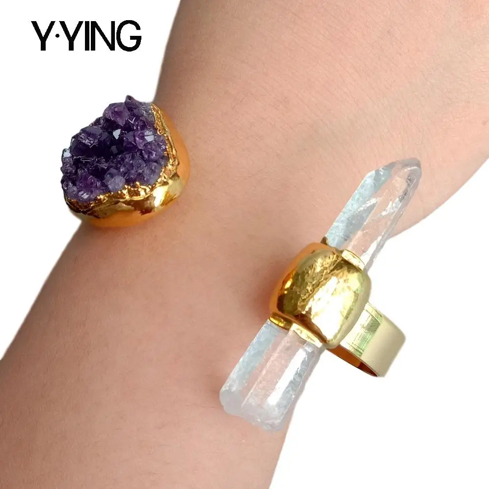 

Y.YING natural Amethsyts Druzy White Quartz Bangle Gold color Electroplated Bracelet Adjustable