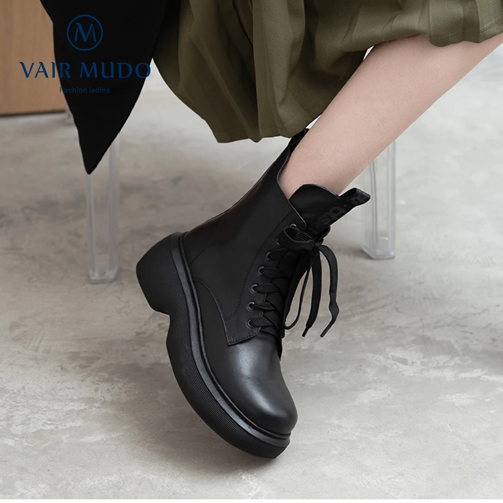 Online VAIR MUDO Sepatu Bot Pergelangan Kaki Musim Semi Musim Gugur Wanita Kulit Asli Diikat Silang Ujung Jari Bundar Berenda Elegan Mode Putih Hitam WM-X62