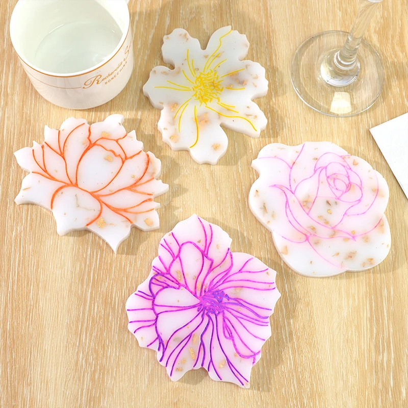 4 Style Flower Shape Coaster Molde De Resina Fruit Cup Resine Epoxy Mold Tea Coffee Mat Casting Resin Moulds For Kit Craft Tool