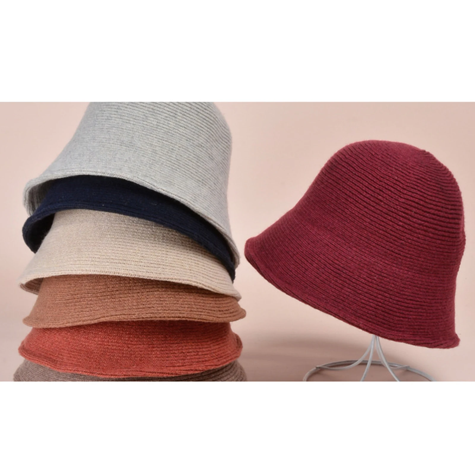 

Women Solid Color Wool Bucket Hat Drawstring Fisherman Vintage Knitted Basin Cap
