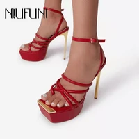 gladiator ankle buckle square toe platform high heels womens sandals size 35 42 hollow set toes stiletto metal plating pumps
