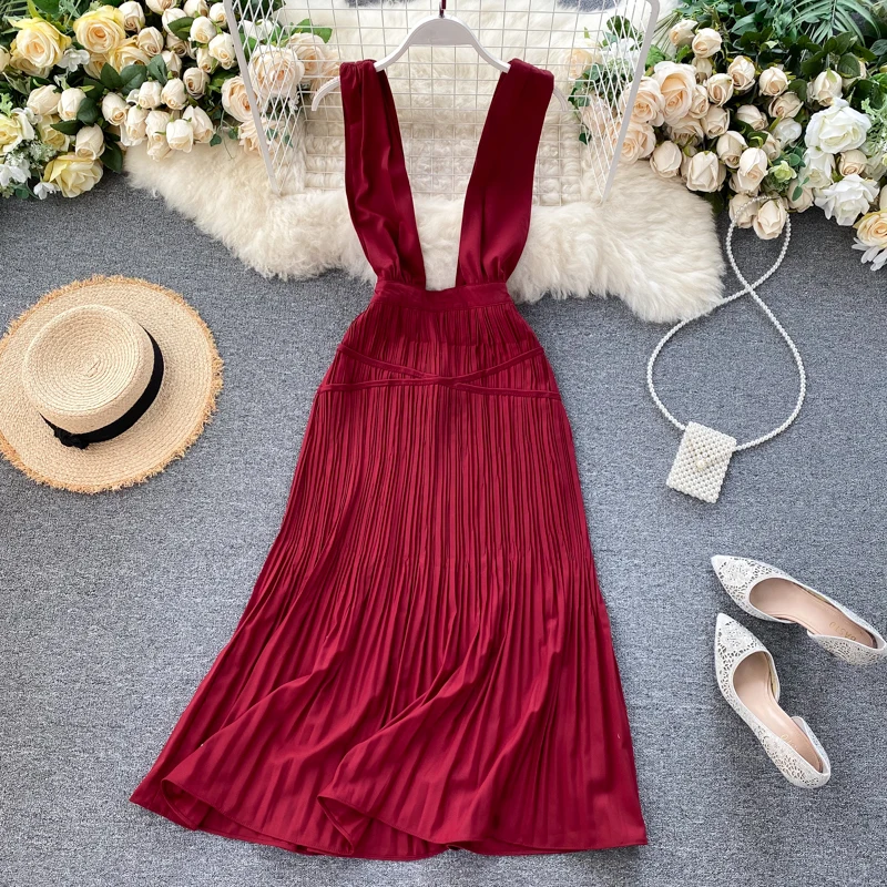 Платье SINGRAIN женское Плиссированное на бретельках Длинное Элегантное однотонное