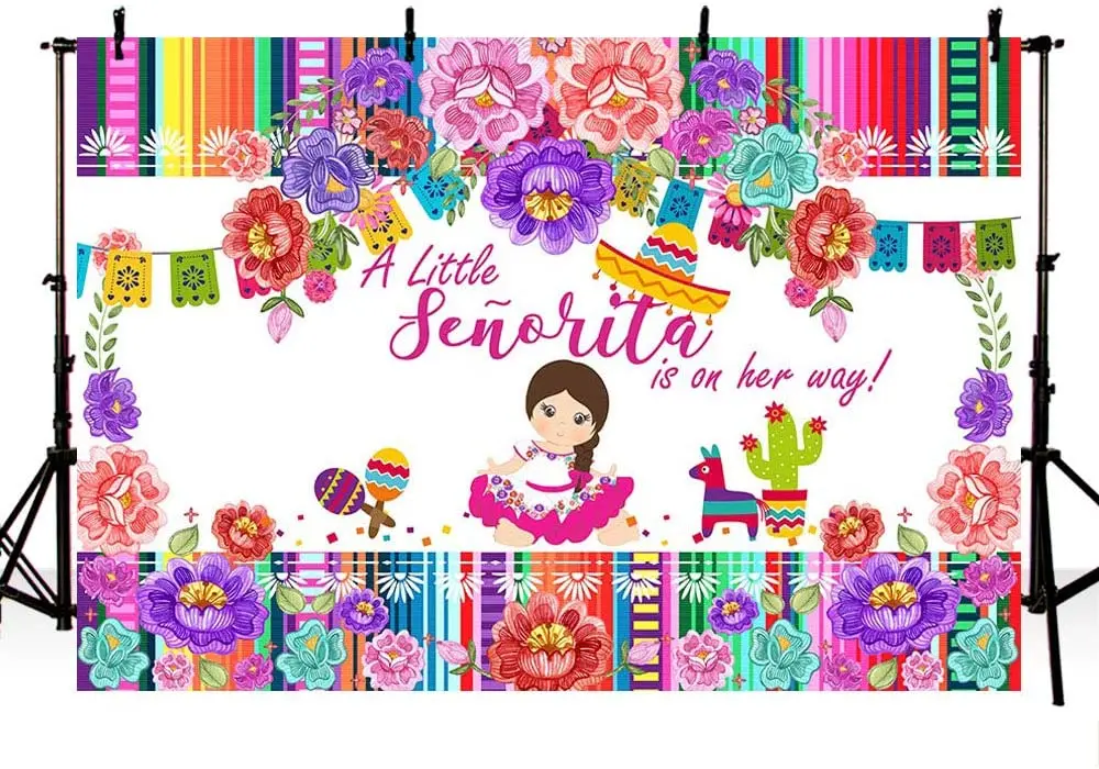 Fiesta Floral Girl Baby Shower Backdrop Mexican Little Señorita Baby Shower Photography Background Colorful Flower Decoration enlarge