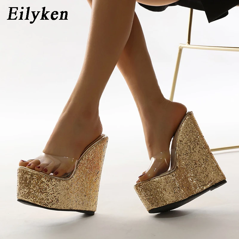 

Eilyken 2023 New PVC Transparent Platform Wedges Slippers Summer Peep Toe Shoes Woman Sexy Super High Mules Sandal Pumps