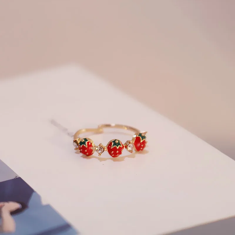 

Trendy Colourful Strawberry Open Ring For Women Korean Creative Geometric Cute Adjustable Rings Jewelry Gifts For Girls Friends