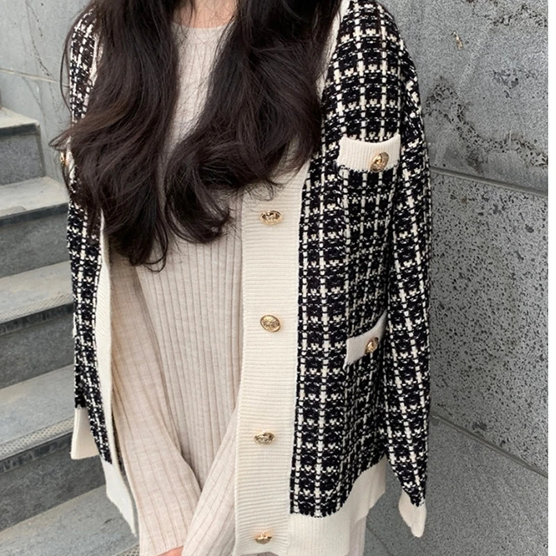 

Women Sweater Jacket 2021 Autumn Winter Oversized Knitted Cardigans Loose Plaid Jumpers Korean Clothing Robe Long Coat