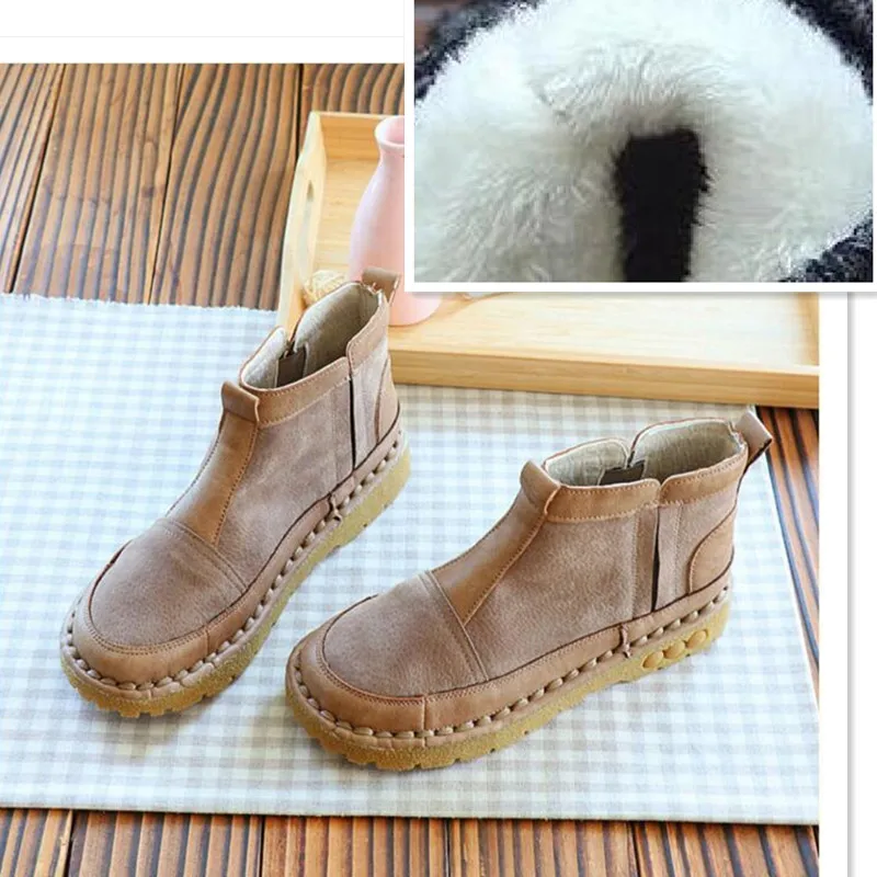 Dark Khaki Villus HUIFENGAZURRCS/короткие женские ботинки в стиле ретро повседневные ботинки удобные ботинки ручной работы на плоской подошве ботинки в художественном стиле - Цвет: Dark Khaki Villus