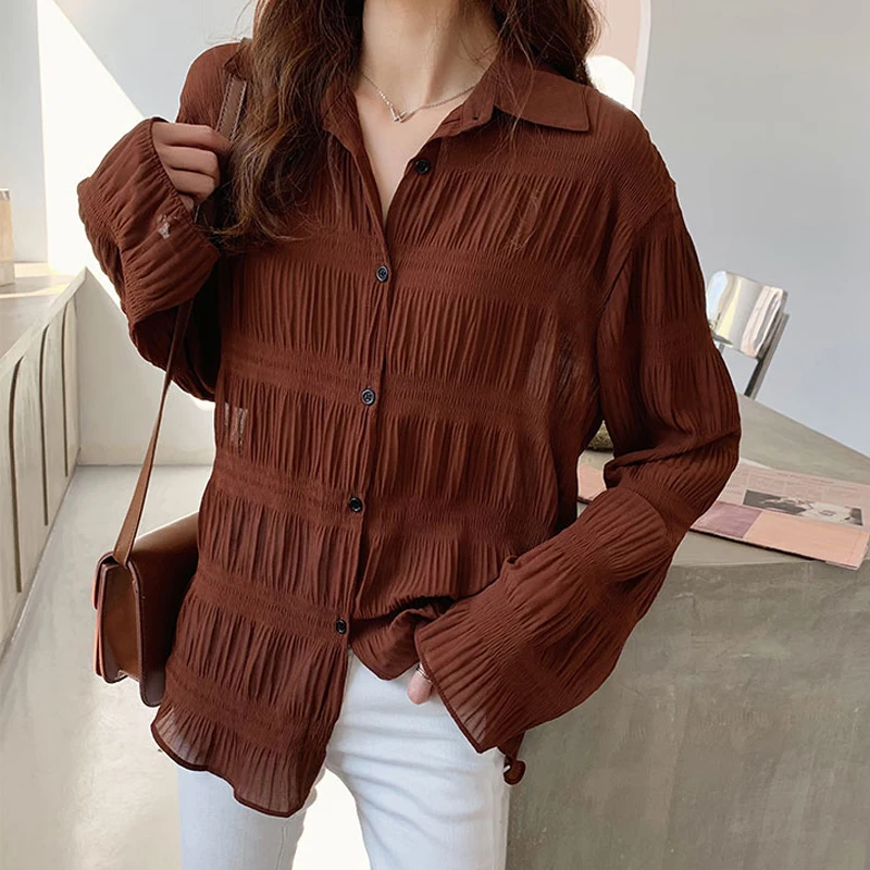 

2021 Spring Vintage Elegant Women Chiffon Blouses Casual Long Sleeve Blusas Femme Turn-down Collar Solid Shirts Female Tops