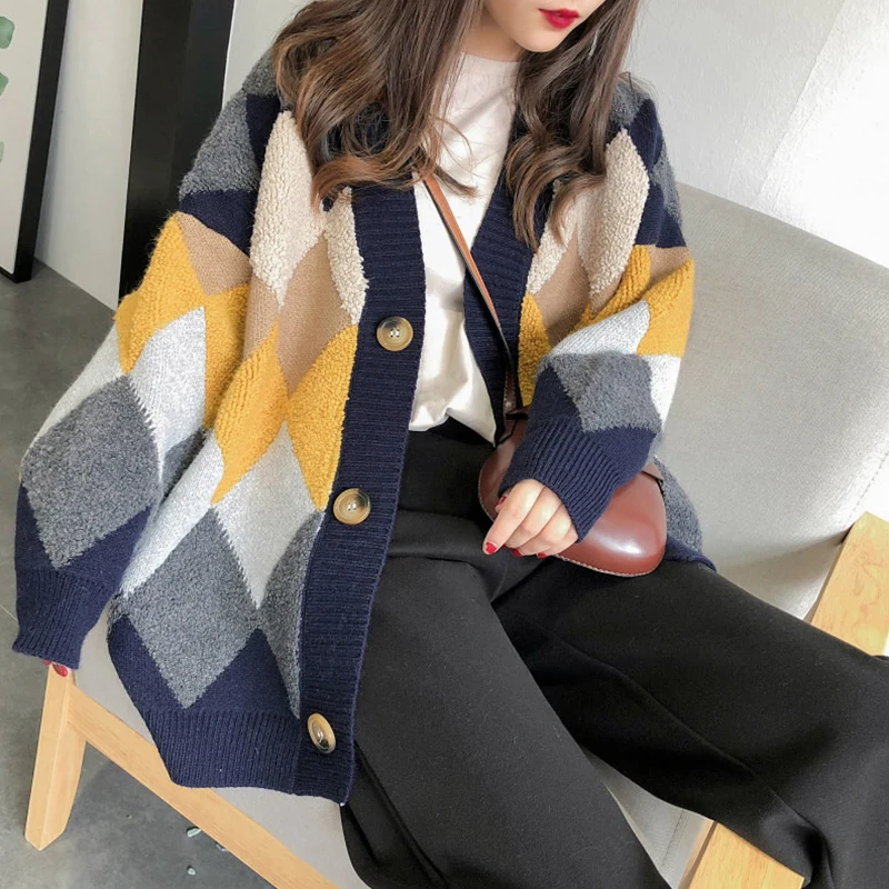TIGENA Loose Plaid Long Cardigan Women 2020 Autumn Winter Sleeve Knitted Sweater Female Jacket |