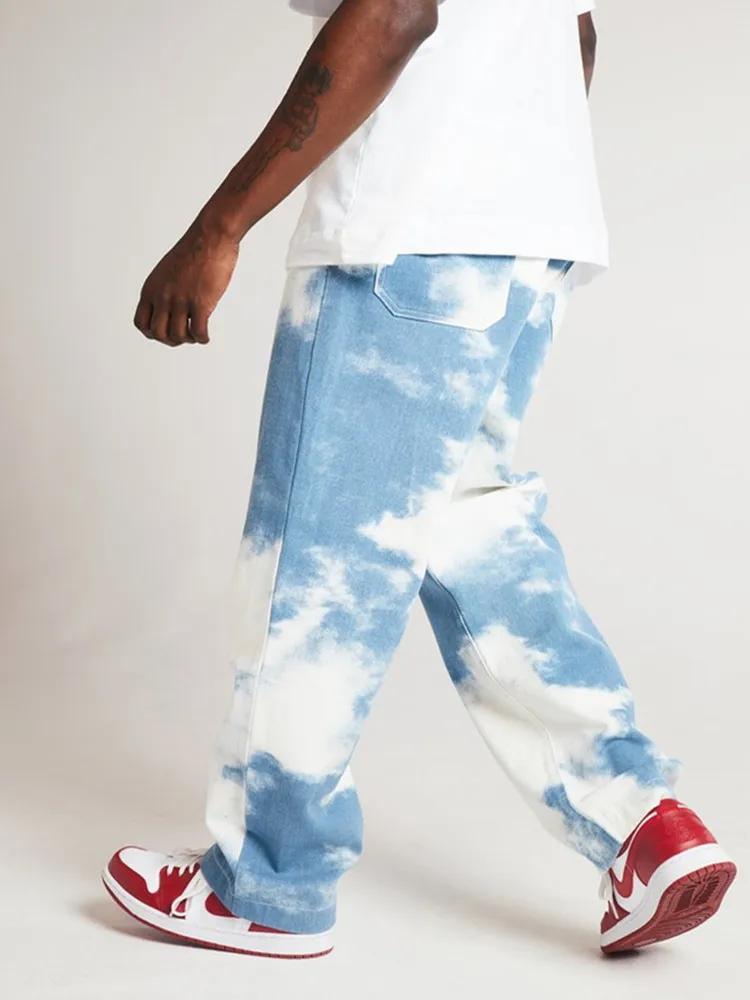 Loose Men's, Washed Straight in White Water, Tie-Dyed Fashion Jean Pants