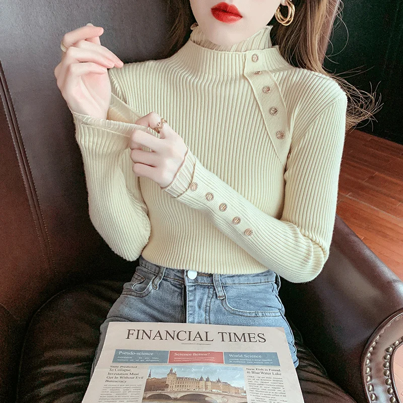 

Half A Turtle Neck Thickening Render Long-Sleeved Sweater Knit Female Qiu Dong Cultivate One'S Morality Splicing In Chiffon