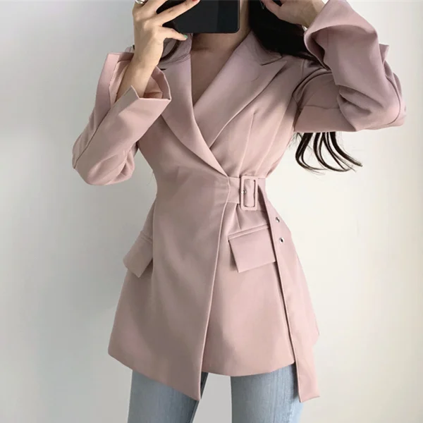 Розовый Colorfaith Новинка осень зима женские куртки Офисная Женская верхняя одежда в деловом стиле со шнуровкой элегантные однотонные розовые черные топы JK7042 - Цвет: Розовый