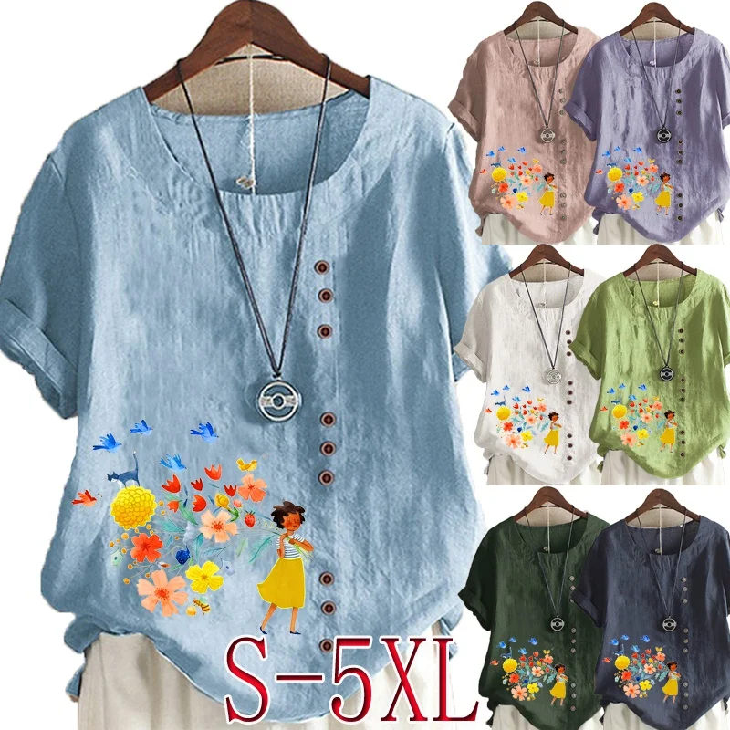

Plus Size S-5XL Women Casual Short Sleeve Shirts Cartoon Fairy Tales Printed Round Neck Ladies Fashion Loose T-shirt Blouse