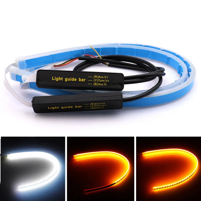 Дневные ходовые огни 2 шт., ультратонкие светодиодсветодиодный ленты для указателей поворота, 30 см, 45 см, 60 см, желтая направляющая для фар в сборе