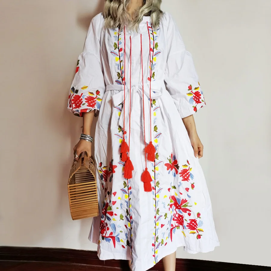 Женское Хлопковое платье миди с длинным рукавом фонариком и цветочной