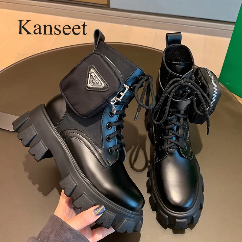 

Kanseet Martin Boots Autumn Winter New Round Toe Women Ankle Boots Belt Buckle Genuine Leather Lace-Up Chunky Heel Platform Shoe