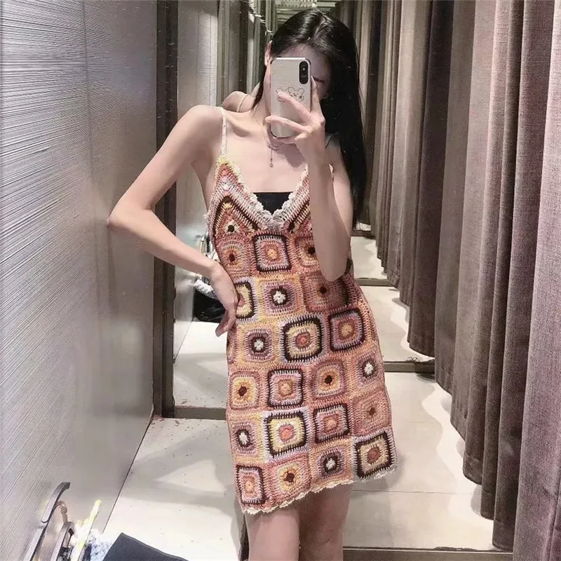 

PSEEWE Za Crochet Dress Woman 2021 Vintage Knitted Slip Short Summer Dresses Women Sleeveless Strap Sexy Backless Mini Dress