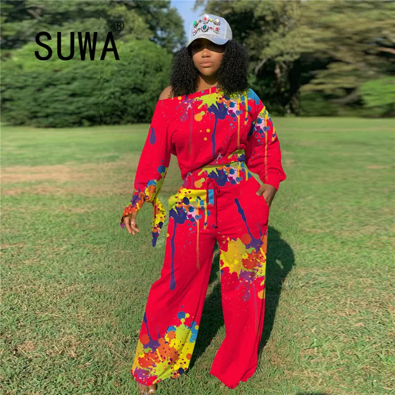 

2020 Autumn New Product Tie Dye Long Sleeve Sweatshirt Top High Waist Pants Casual Two Piece Outfits For Women Set