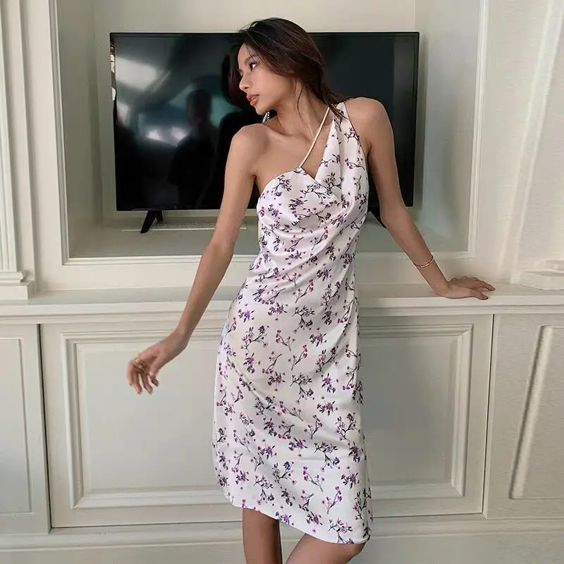 Sexyboutique Women New Sexy Backless Sling V-neck Print Dress Seaside Holiday Beach Irregular Slant Shoulder Chain Strap | Женская