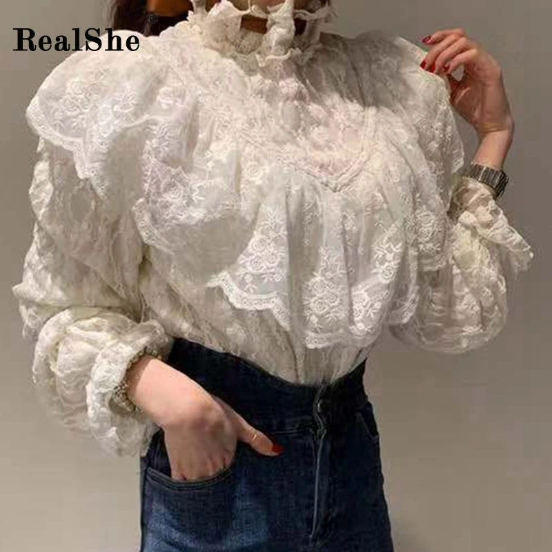 RealShe белая блузка женская с длинным рукавом и оборками сплошная шикарная