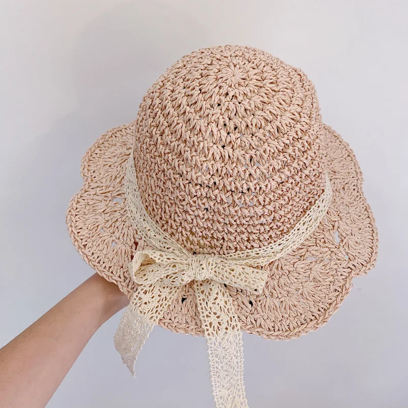 

2021 Summer Straw Hats for Baby Girls Breathable Lace Cap Bow Beach Sun Hat Wide Brim Kids Travel Sunscreen Hat Sombreros De Sol