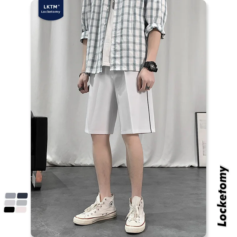 

Men's side striped casual shorts men's ins summer loose straight Joker suit five thin trousers plaid pants men mens dress pants