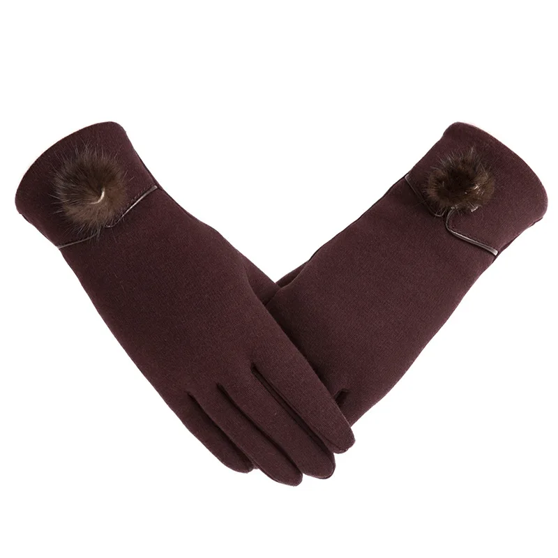 

New Female Autumn Winter Non-Inverted Velvet Cashmere Full Finger Warm Lace Hairball Gloves Women Cotton Touch Screen Gloves