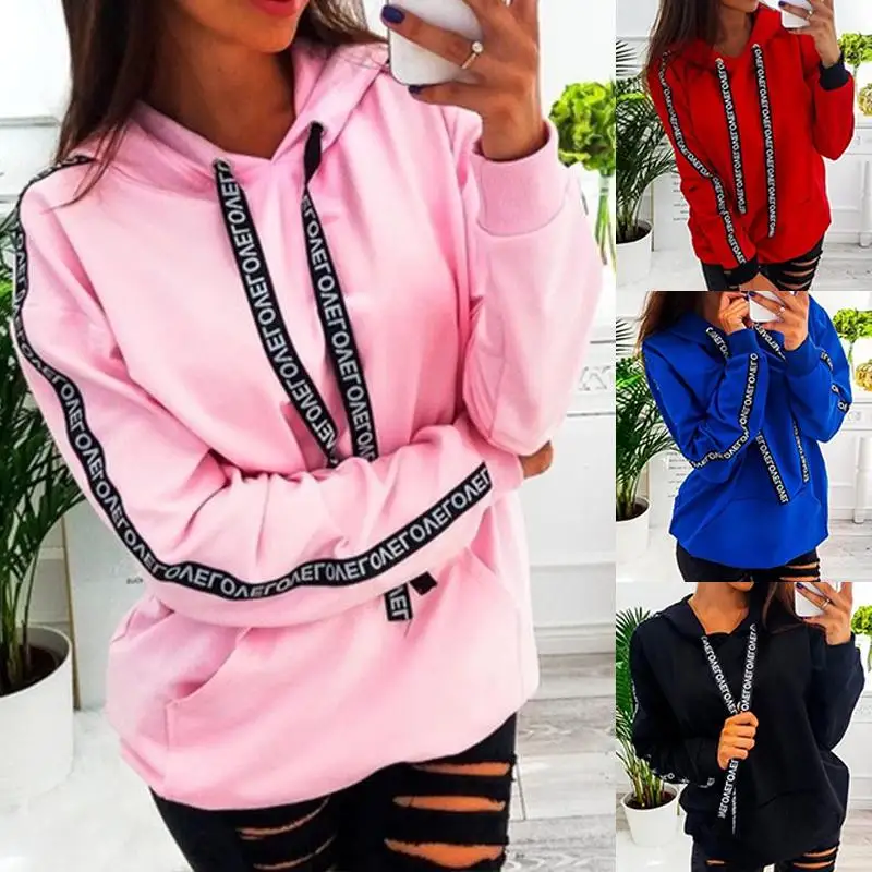 

Womens Letter Drawstring Hoodies Harajuku Kangaroo Pocket Sweaters Ladies Oversized Casual Pullover