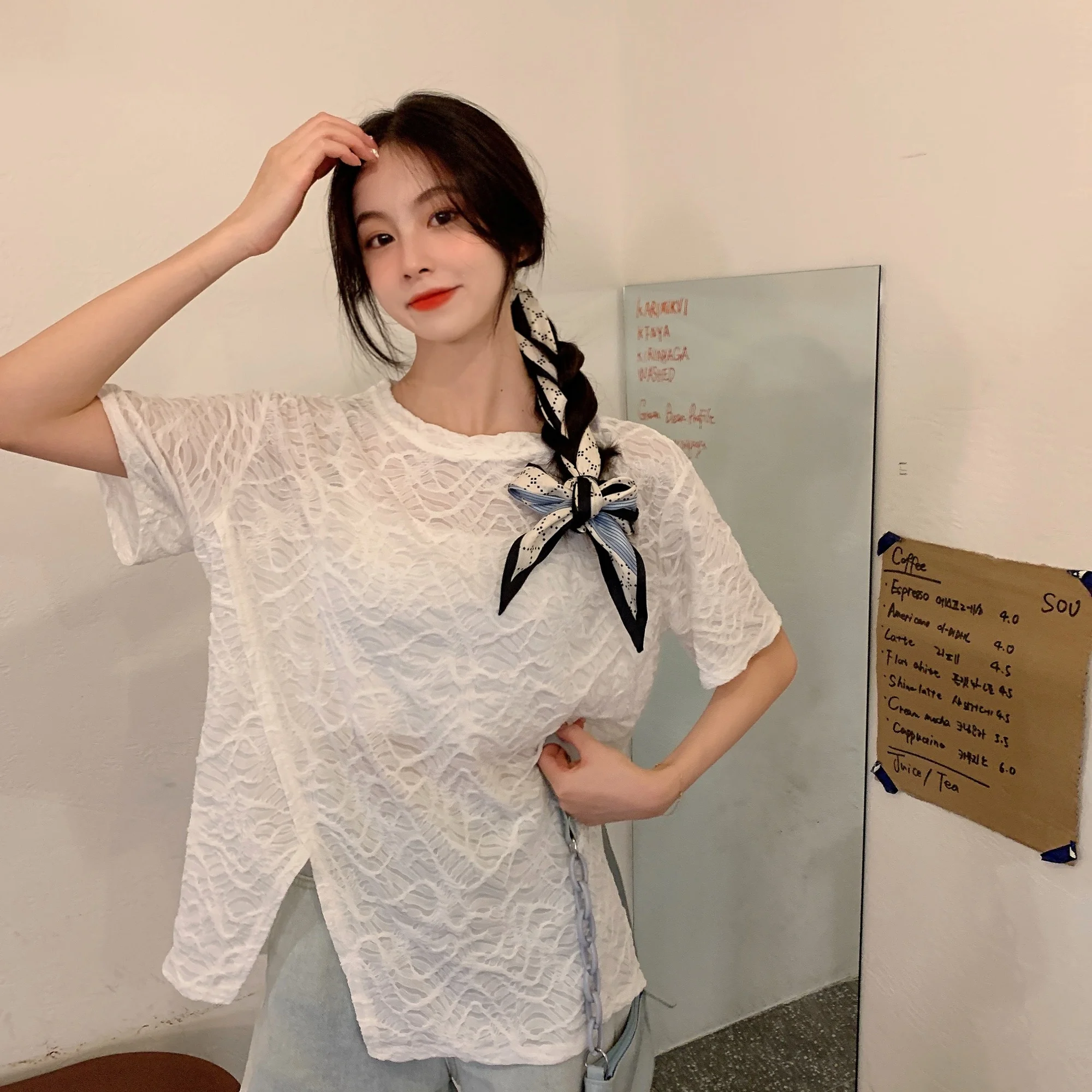 

Craft Fabric Is Not Transparent and Sexy 2021 New Summer Large Size Simple All-Matching Short-Sleeved T-shirt Irregular Design