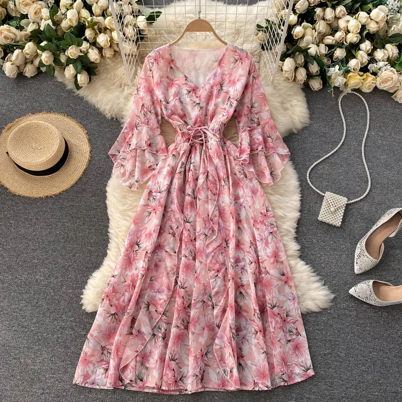 

2021 Summer New Fashion Women Elegant Beach Style V-Neck Flare Sleeve Floral A-Line Dress Vestidos Mujer J291