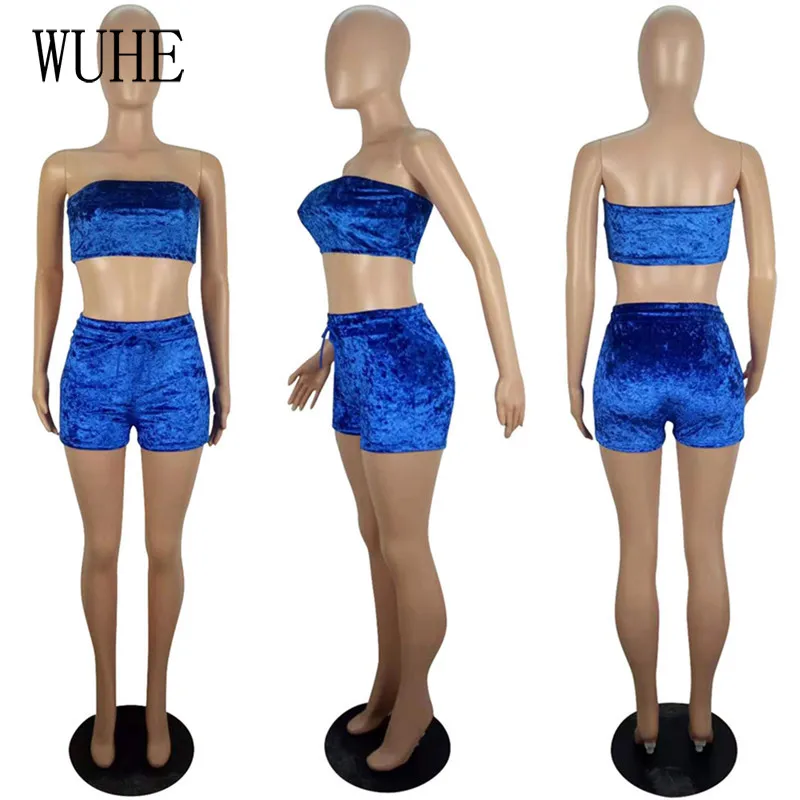 

YEYA Golden Velvet Two Piece Off Shoulder Sleeveless Sexy Breast Wrap Top and Drawstring Short Pants Nightclub Party Outfits