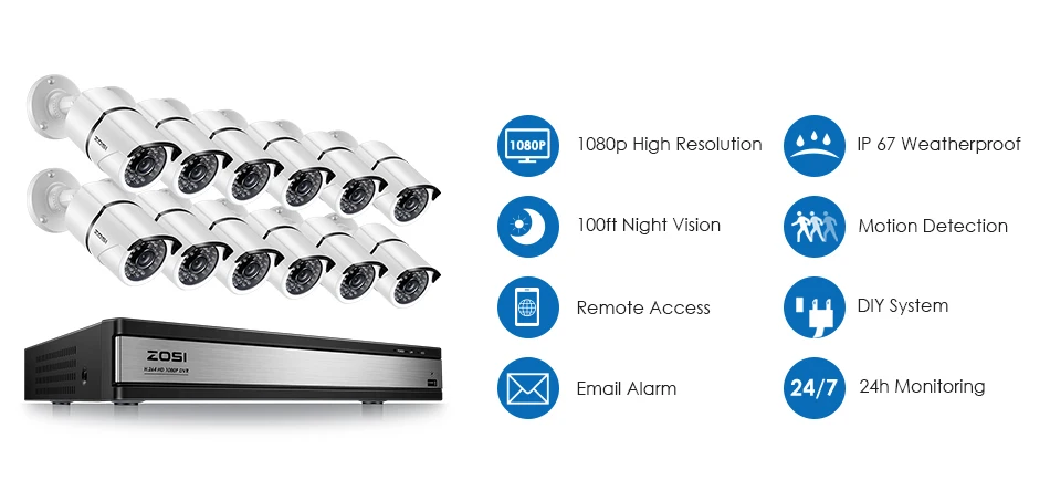 ZOSI 16CH 1080p камера безопасности система с 12 2.0MP наружная/крытая CCTV цилиндрическая камера наблюдения с 100ft длинным ночным видением