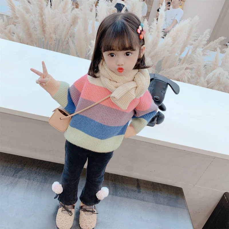 

Girls Sweater Baby's Coat Outwear 2021 Rainbow Thicken Warm Winter Autumn Knitting Scoop Jacket Long Sleeve Children's Clothing