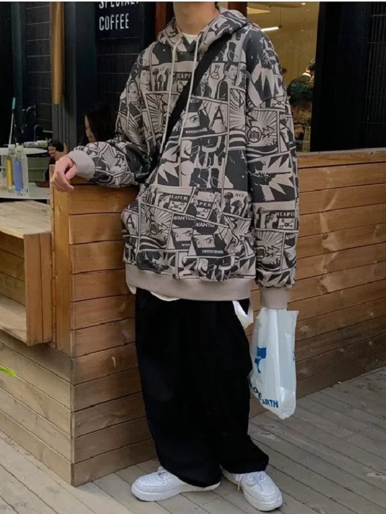 

Свитер мужской с капюшоном, худи с аниме принтом, свободная красивая куртка с оборками в стиле жареной уличной моды, весна-осень