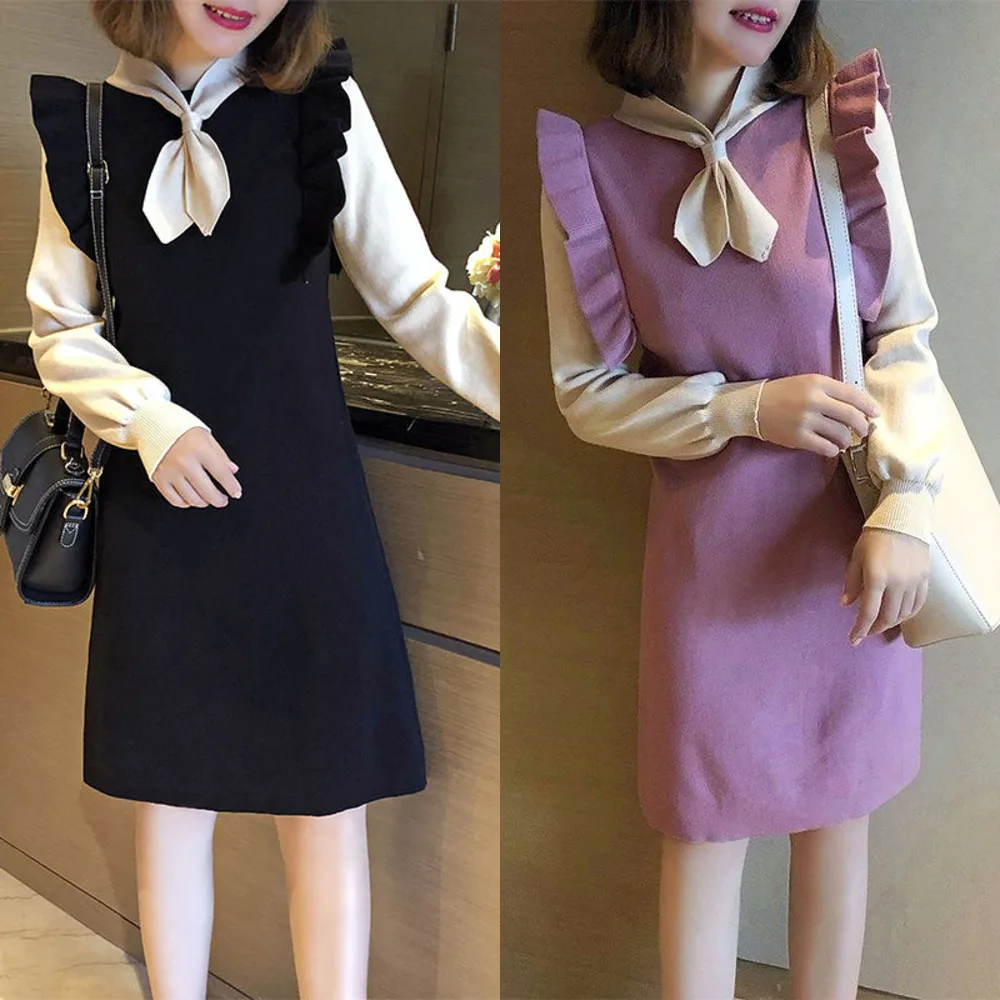 

Butterfly Tie Knitted Long-sleeved Dress Women Sweet Slender Waist Preppy Style Knitting Bottom Dress