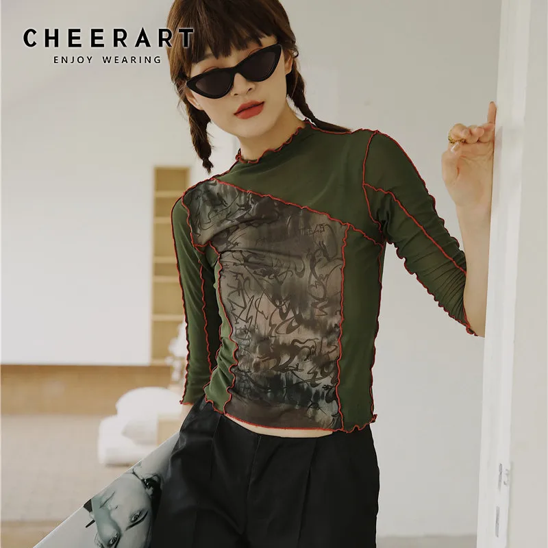 Женский винтажный сетчатый топ с принтом CHEERART летняя футболка высоким воротом