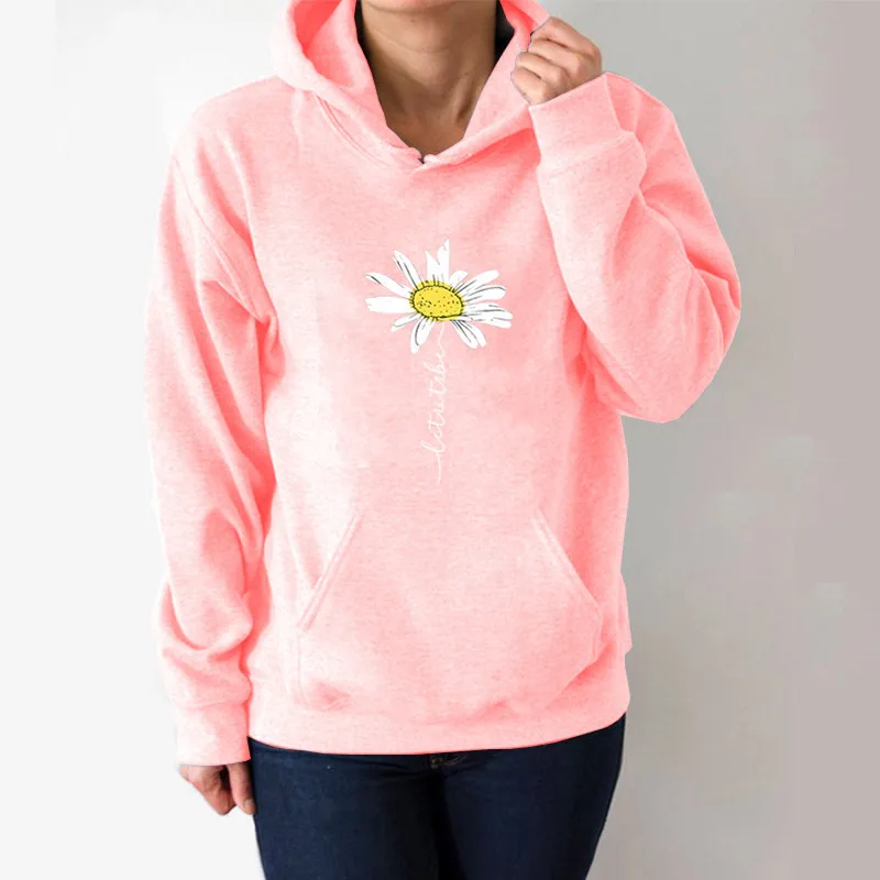 

Let It Be Daisy Printed Hoodies Women Fleece Long Sleeve Loose Sweatshirt with Hat Girls Women Hoodie Pullovers Winter