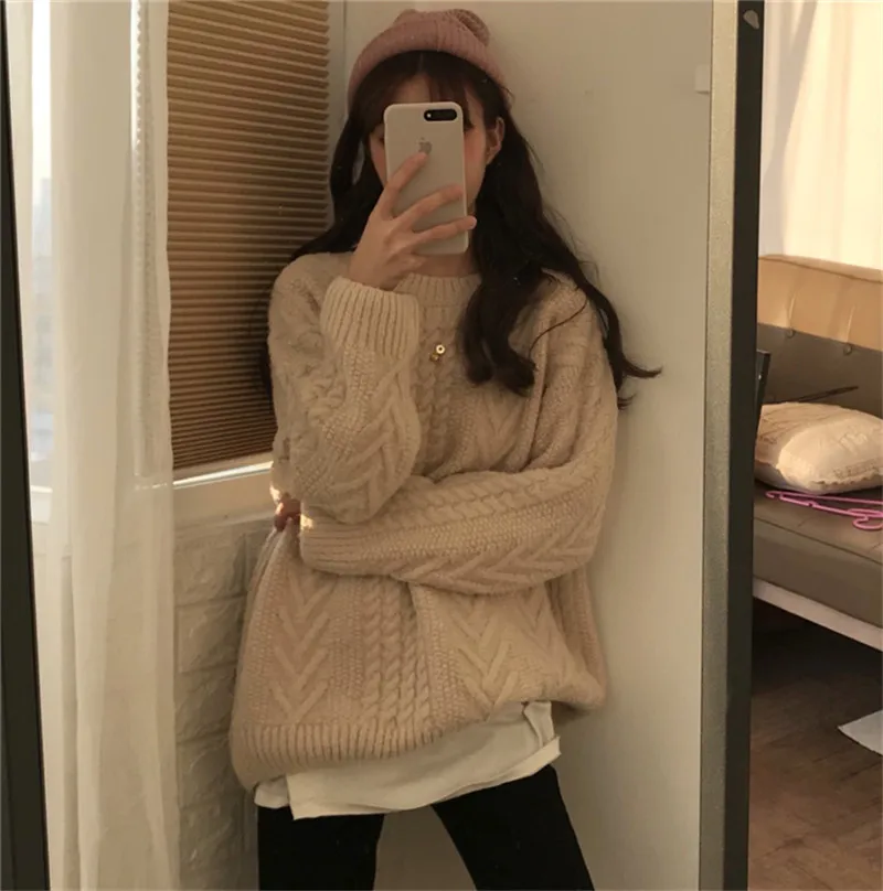 Женский вязаный свитер Hzirip толстый теплый пуловер с круглым вырезом винтажный