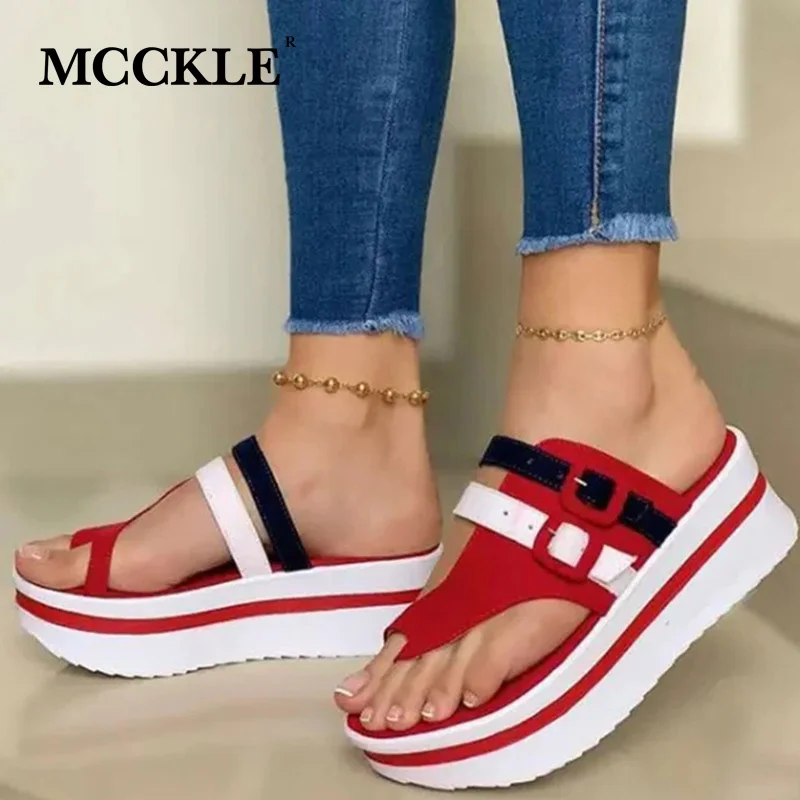 

MCCKLE Women Slippers Clip Toe Platform Mixed Color Slides Female Buckle Outdoor Wedge Sandals Ladies Summer Shoes Plus Size