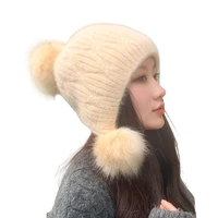 sparsil rabbit fur pom poms hat woman winter doble layer fleece warm beanies female sweet knitted bonnet hats outdoor ski caps