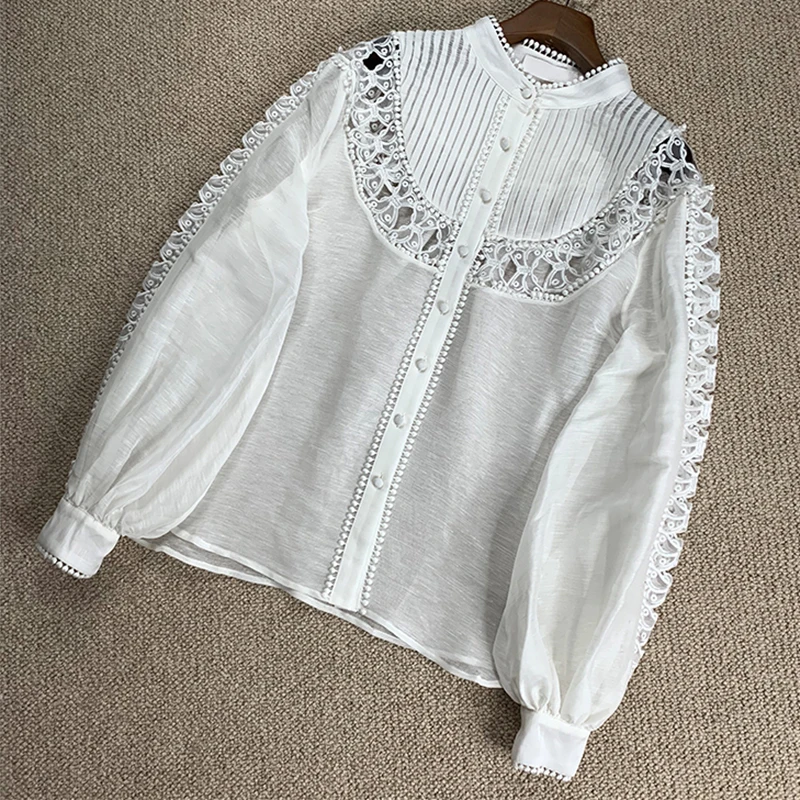 Кружевная льняная блузка со стоячим воротником и бабочкой|Блузки| |