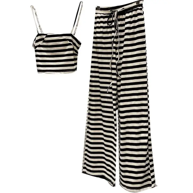 

Women's Black White Striped Short Corest Top Camisole 2021 Summer Drawstring Wide Leg Casual Pants Lady Two Pieces Pants Suit