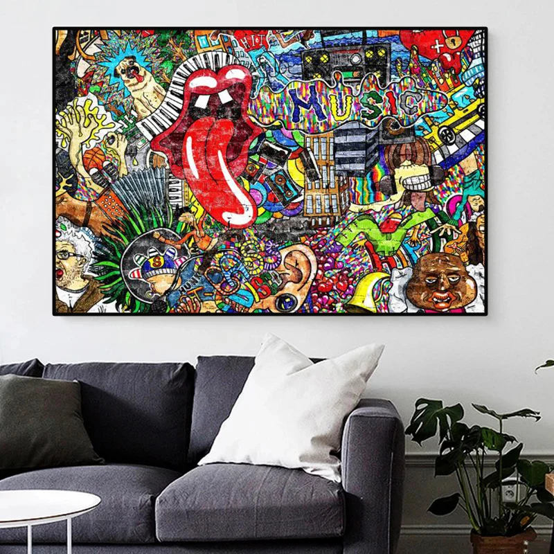 

Modern street graffiti canvas painting abstract big tongue art wall prints and posters living room furniture decorative painting