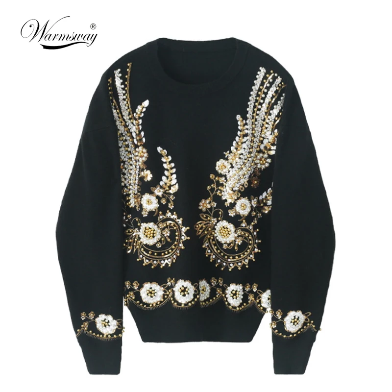 

High Quality Heavy Industry Knit Women Sweater Fall Winter Beading Knit O-Neck Long Sleeve Warm Pullover Female Luxury C-033